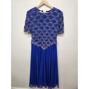 NWT Vintage Laurence Kazar Women's Beaded Chiffon Cobalt Blue Maxi Dress, Sz XL